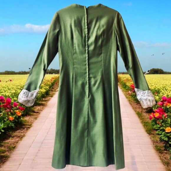 Vintage 60's Green Dress with Lace Handmade Edwardian MOD Cos Play XS XXS - Picture 3 of 16